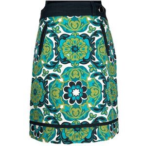 Ann Taylor Petites Sz 2P Silk Teal Floral Skirt Black Piping & Waist Band Lined
